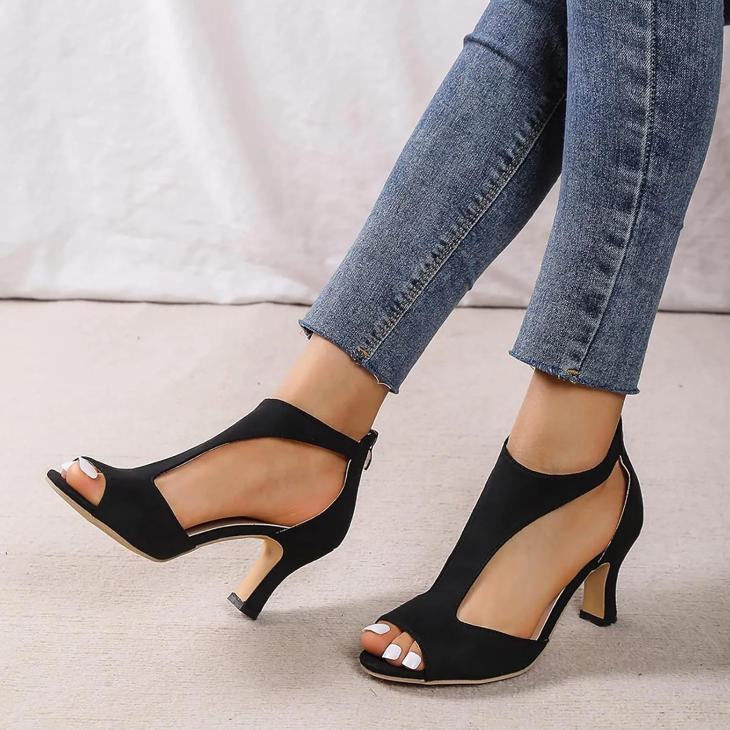 Mid Heeled Sandals for Women Summer Open Toe T Strap Pumps Sandals Black Back Zip Sandals Party Wedding Dress Shoes