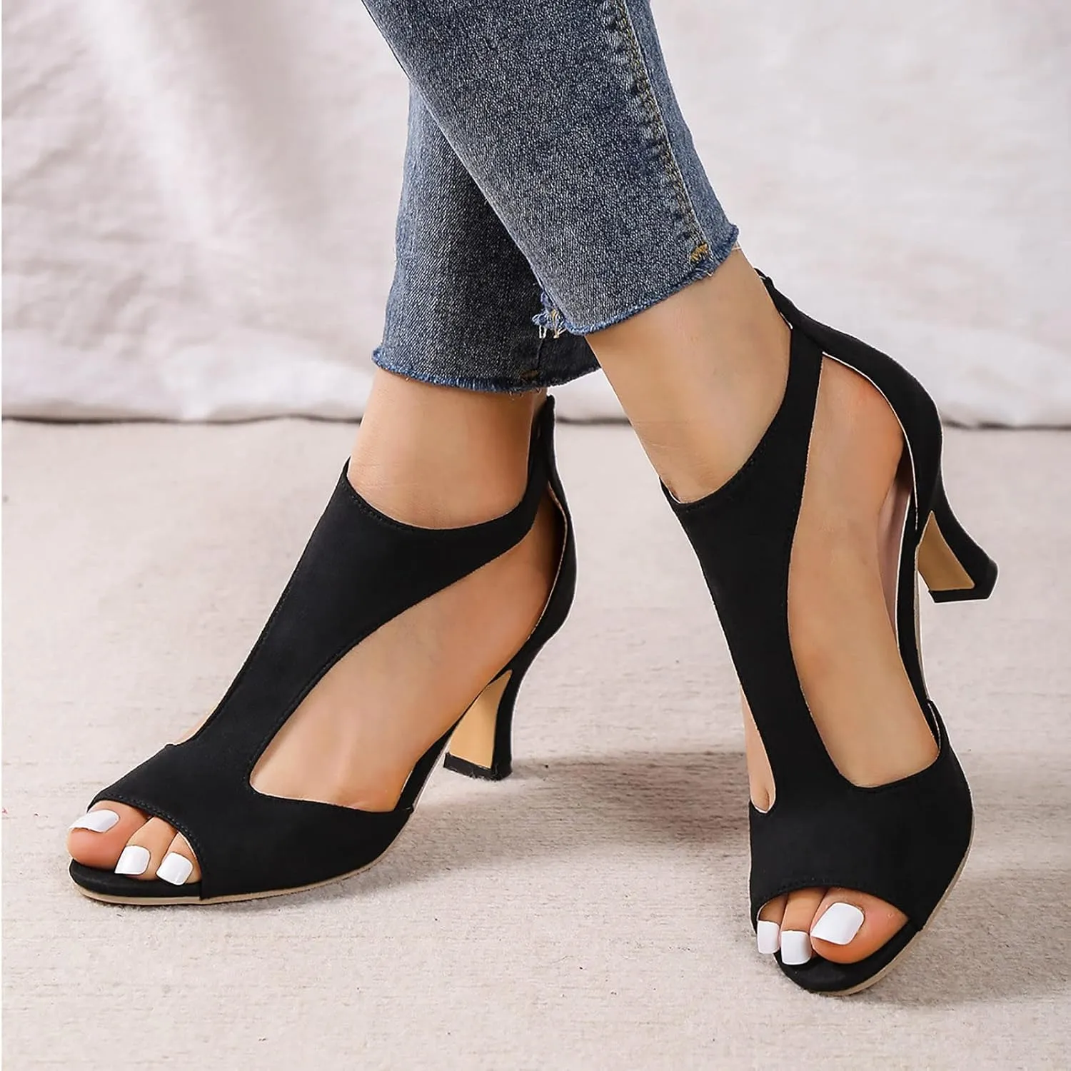 Mid Heeled Sandals for Women Summer Open Toe T Strap Pumps Sandals Black Back Zip Sandals Party Wedding Dress Shoes