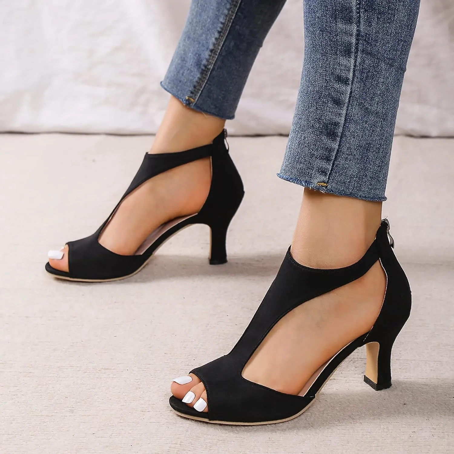 Mid Heeled Sandals for Women Summer Open Toe T Strap Pumps Sandals Black Back Zip Sandals Party Wedding Dress Shoes