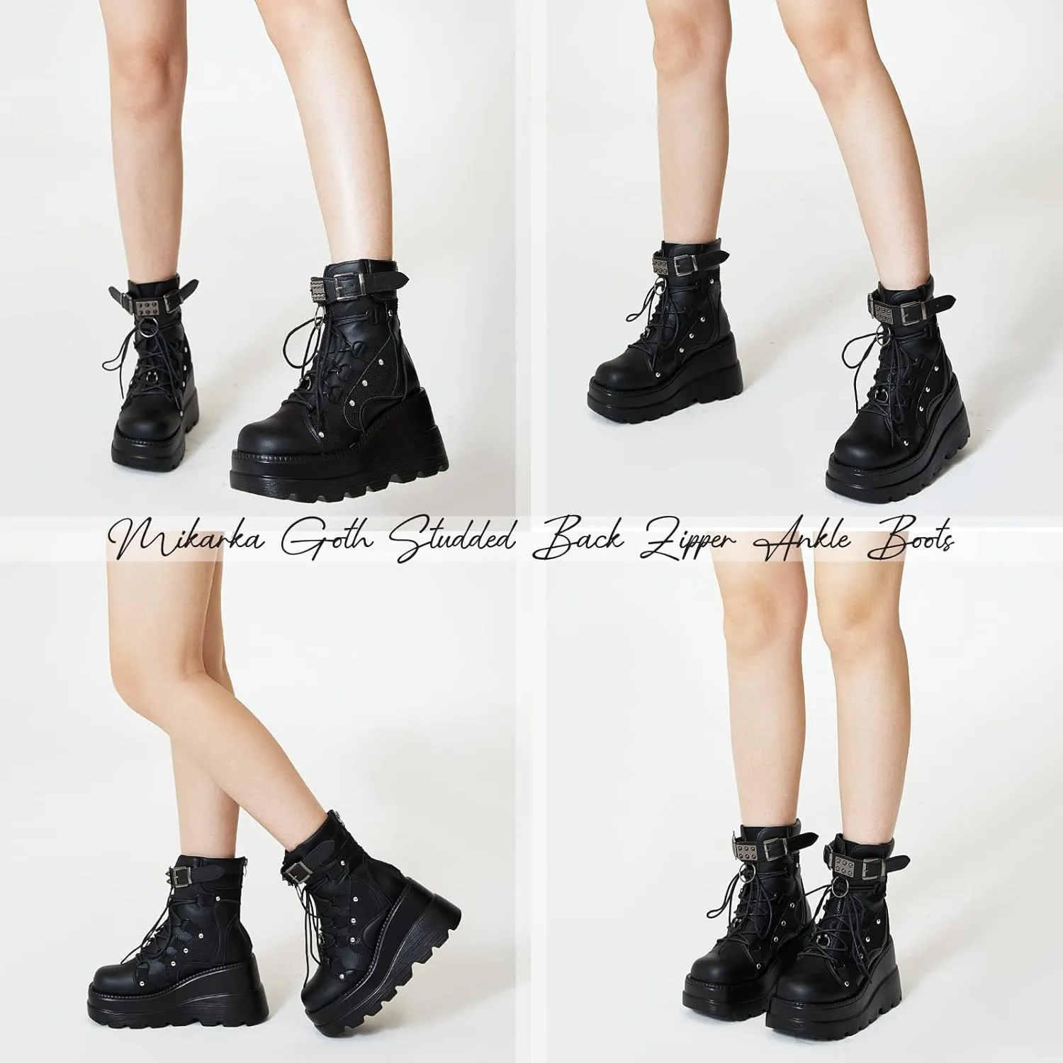 mikarka Holographic Platform Boots for Women, Lace Up Ankle Studded Buckle Goth Stacked Wedge Combat Ankle Boots