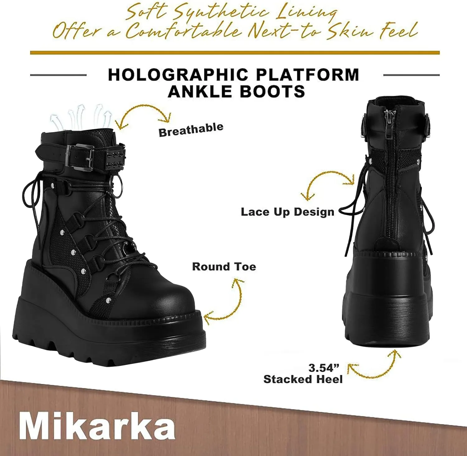 mikarka Holographic Platform Boots for Women, Lace Up Ankle Studded Buckle Goth Stacked Wedge Combat Ankle Boots