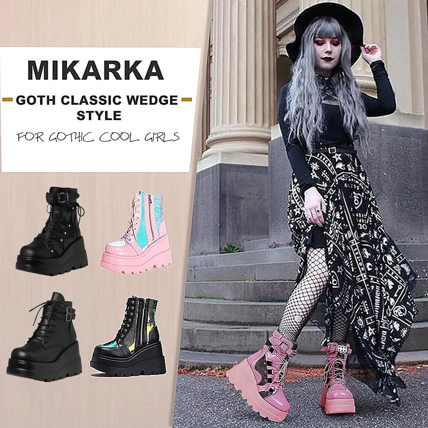 mikarka Holographic Platform Boots for Women, Lace Up Ankle Studded Buckle Goth Stacked Wedge Combat Ankle Boots