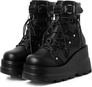 mikarka Holographic Platform Boots for Women, Lace Up Ankle Studded Buckle Goth Stacked Wedge Combat Ankle Boots
