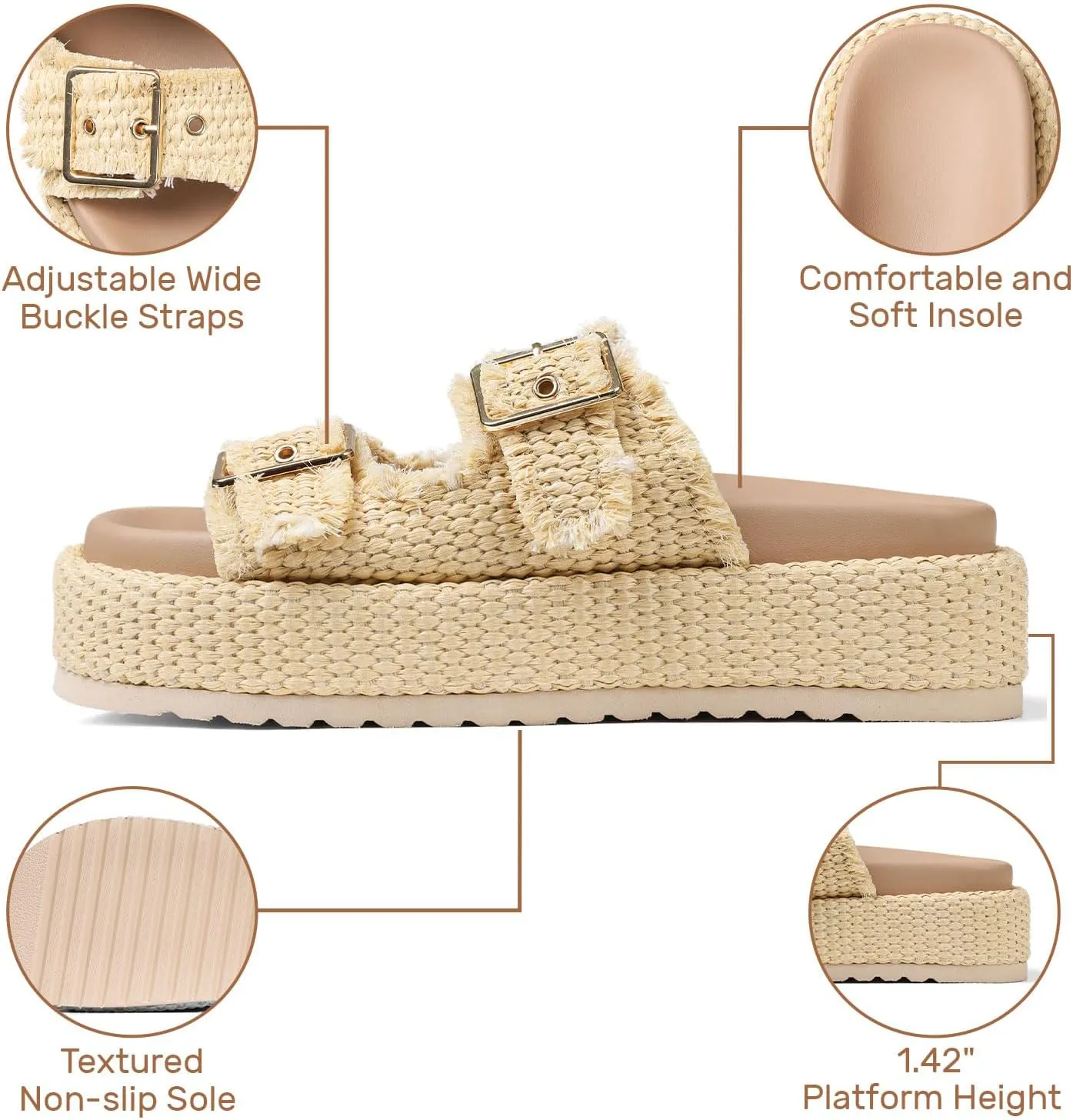 mikarka Raffia Platform Sandals for Women 2025: Resort Womens Sandals Comfortable - Summer Beach Sandals Buckle Straps Espadrilles Flatform Slides Mules