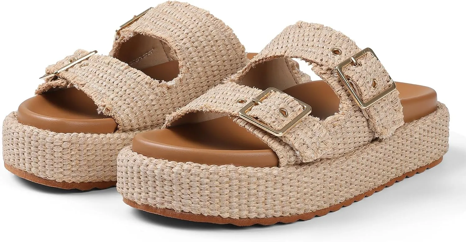 mikarka Raffia Platform Sandals for Women 2025: Resort Womens Sandals Comfortable - Summer Beach Sandals Buckle Straps Espadrilles Flatform Slides Mules