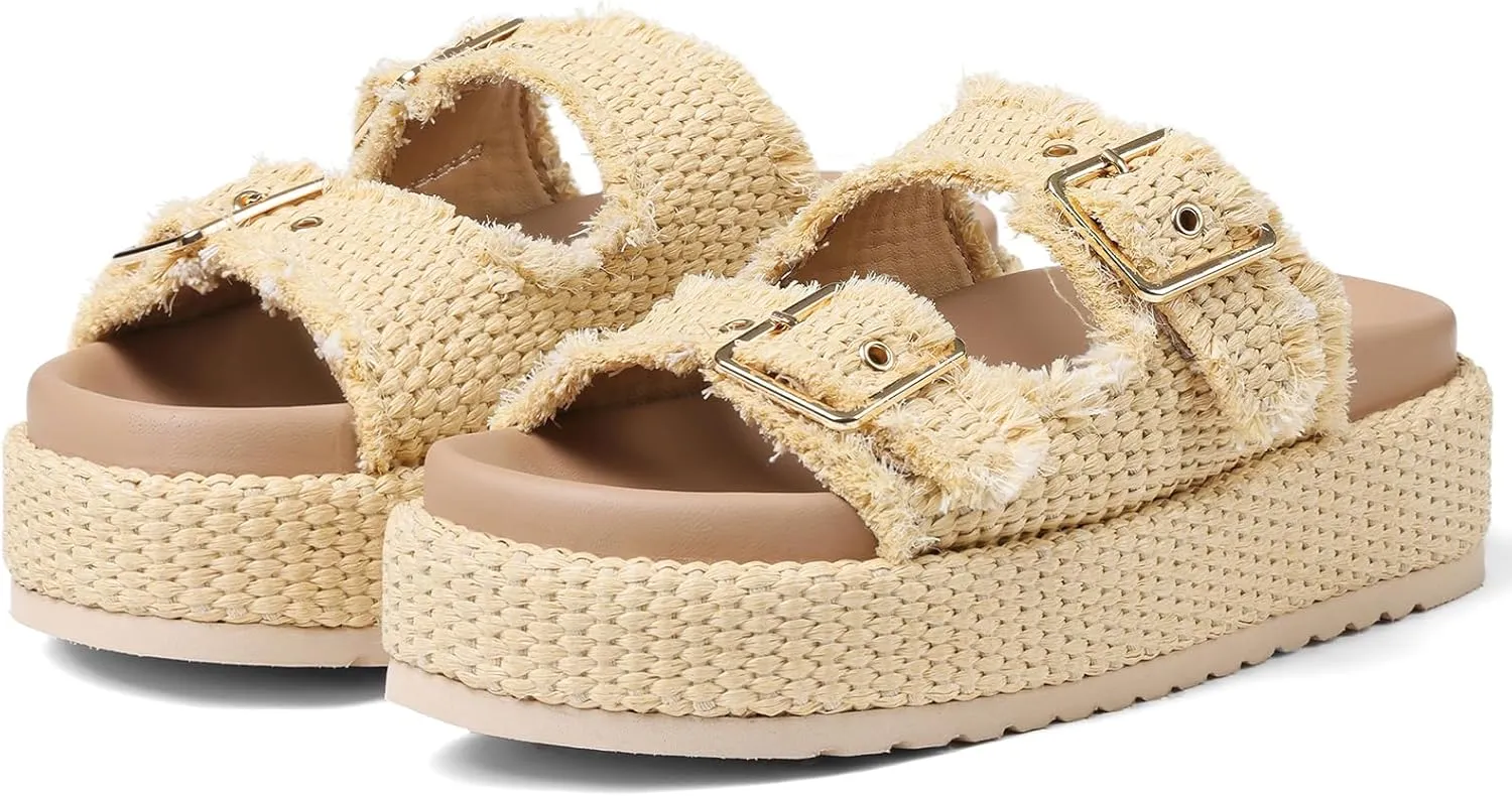 mikarka Raffia Platform Sandals for Women 2025: Resort Womens Sandals Comfortable - Summer Beach Sandals Buckle Straps Espadrilles Flatform Slides Mules
