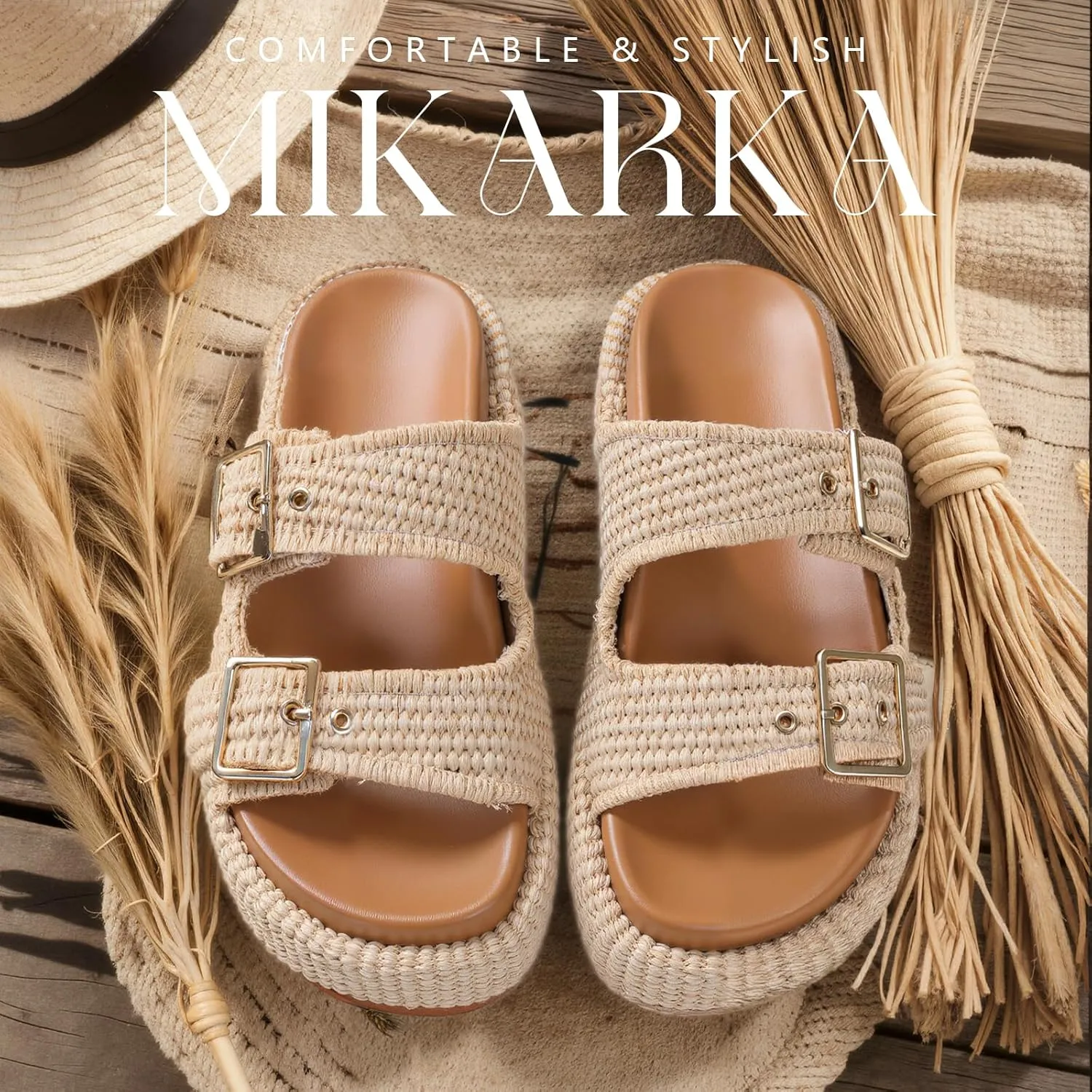 mikarka Raffia Platform Sandals for Women 2025: Resort Womens Sandals Comfortable - Summer Beach Sandals Buckle Straps Espadrilles Flatform Slides Mules