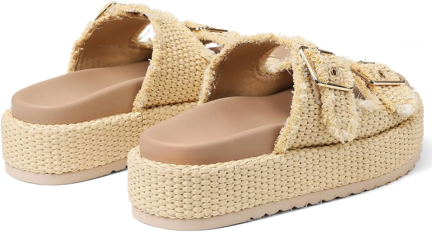 mikarka Raffia Platform Sandals for Women 2025: Resort Womens Sandals Comfortable - Summer Beach Sandals Buckle Straps Espadrilles Flatform Slides Mules