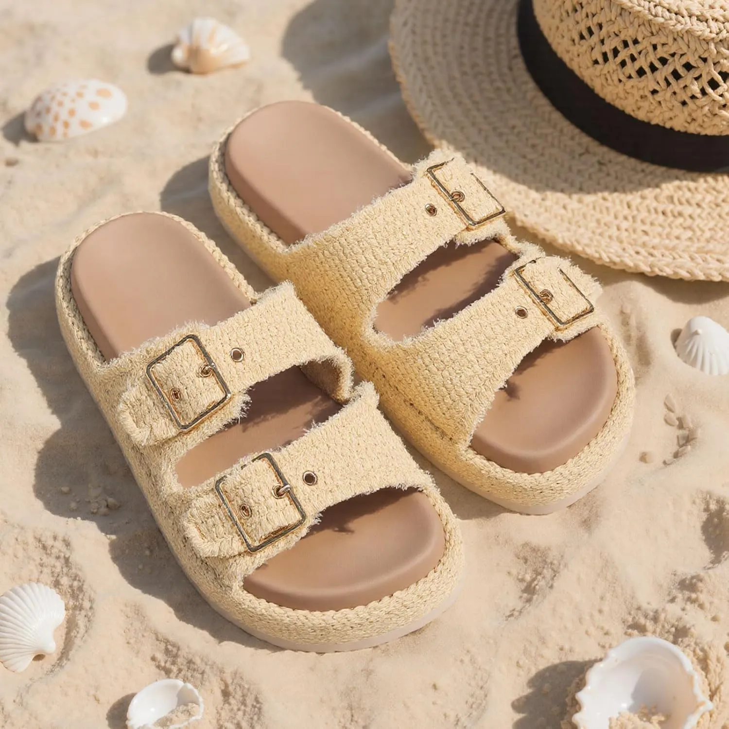 mikarka Raffia Platform Sandals for Women 2025: Resort Womens Sandals Comfortable - Summer Beach Sandals Buckle Straps Espadrilles Flatform Slides Mules
