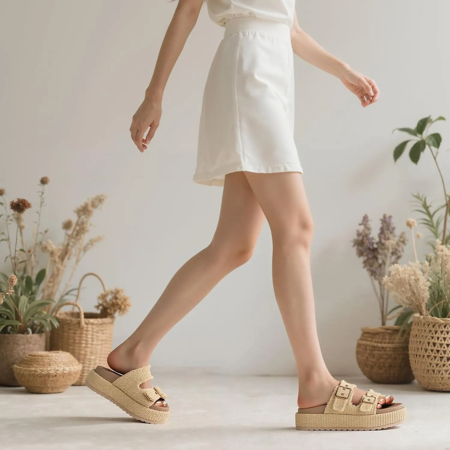 mikarka Raffia Platform Sandals for Women 2025: Resort Womens Sandals Comfortable - Summer Beach Sandals Buckle Straps Espadrilles Flatform Slides Mules