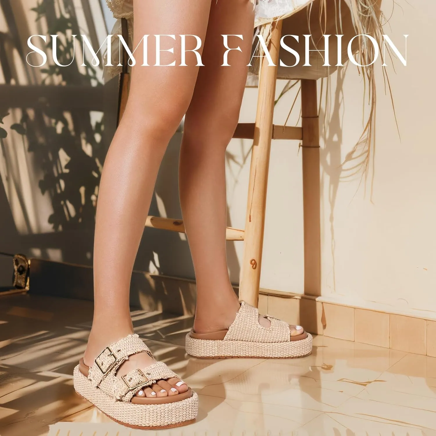 mikarka Raffia Platform Sandals for Women 2025: Resort Womens Sandals Comfortable - Summer Beach Sandals Buckle Straps Espadrilles Flatform Slides Mules