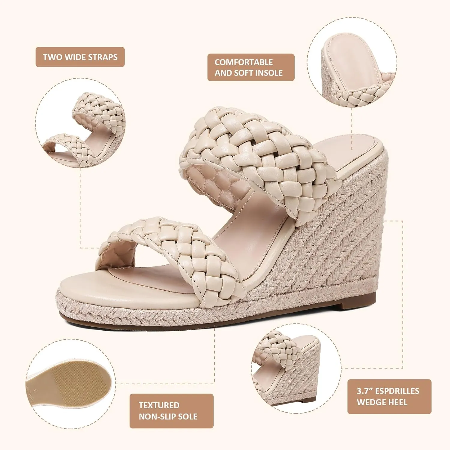 mikarka Slip On Wedge Sandals for Women: Open Toe Comfortable Espadrilles Wedges - Braided Straps Dressy High Heel Summer Beach Sandals Resort Platform Slides Mules