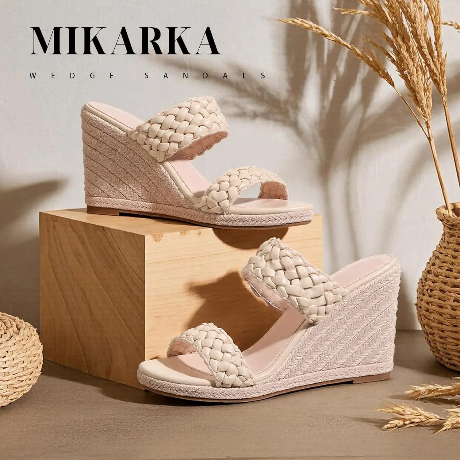 mikarka Slip On Wedge Sandals for Women: Open Toe Comfortable Espadrilles Wedges - Braided Straps Dressy High Heel Summer Beach Sandals Resort Platform Slides Mules