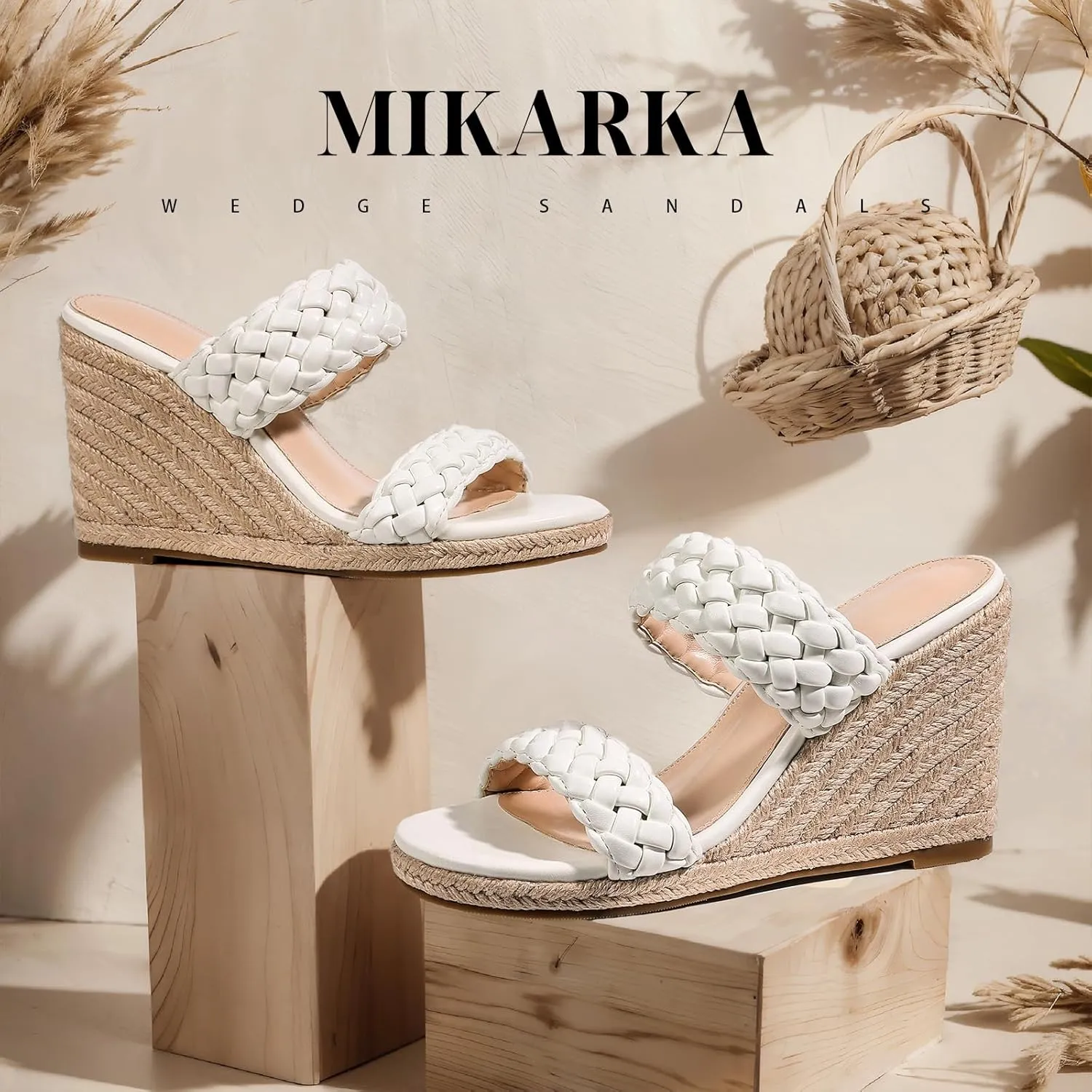 mikarka Slip On Wedge Sandals for Women: Open Toe Comfortable Espadrilles Wedges - Braided Straps Dressy High Heel Summer Beach Sandals Resort Platform Slides Mules