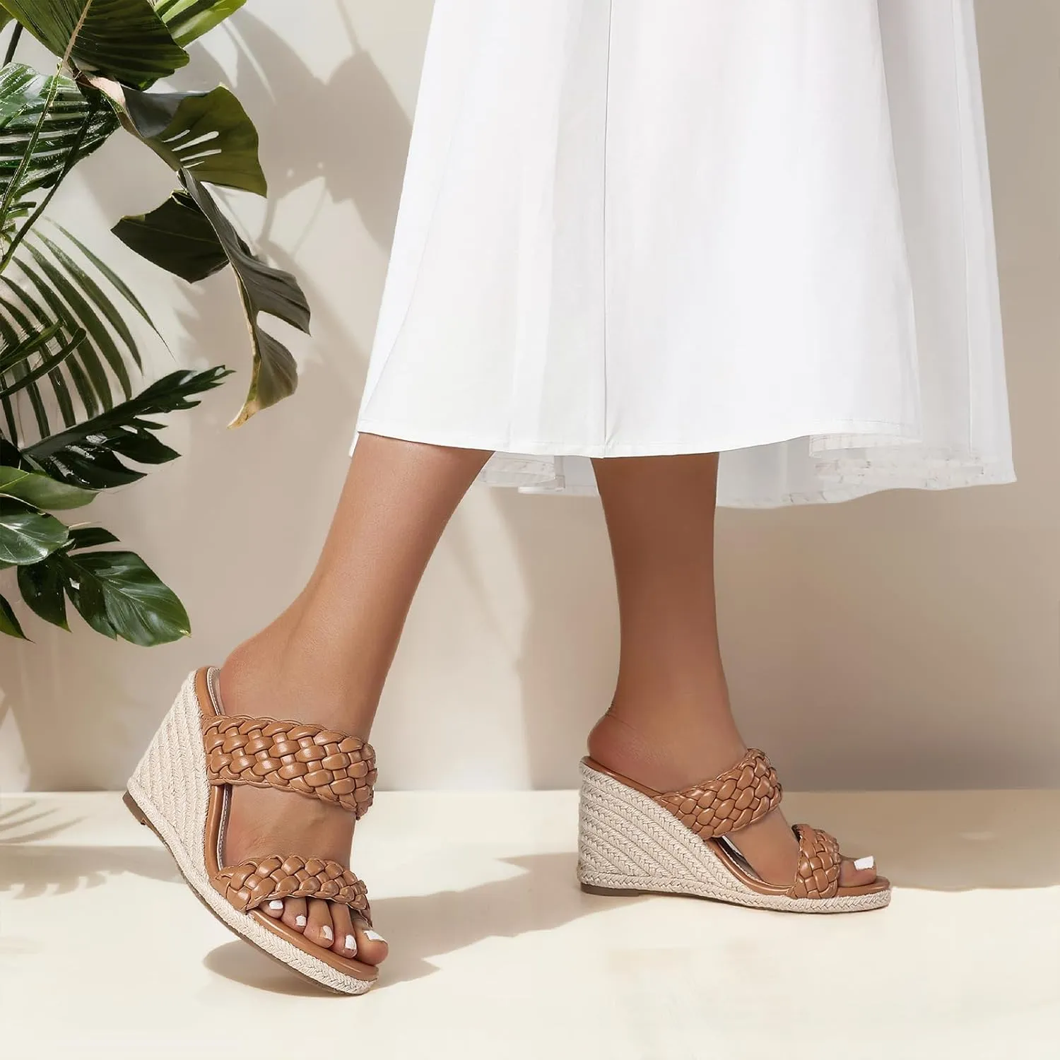 mikarka Slip On Wedge Sandals for Women: Open Toe Comfortable Espadrilles Wedges - Braided Straps Dressy High Heel Summer Beach Sandals Resort Platform Slides Mules