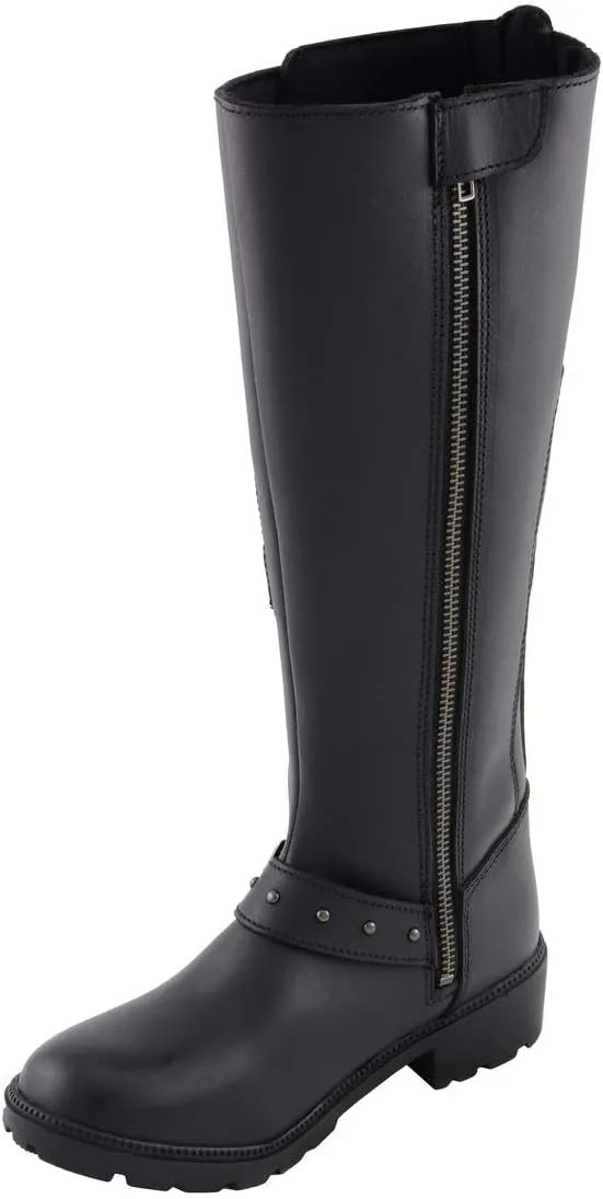 Milwaukee Leather MBL9395 Women's Black Leather 17-Inch Side Strap Riding Motorcycle Boots with Side Zipper - 9