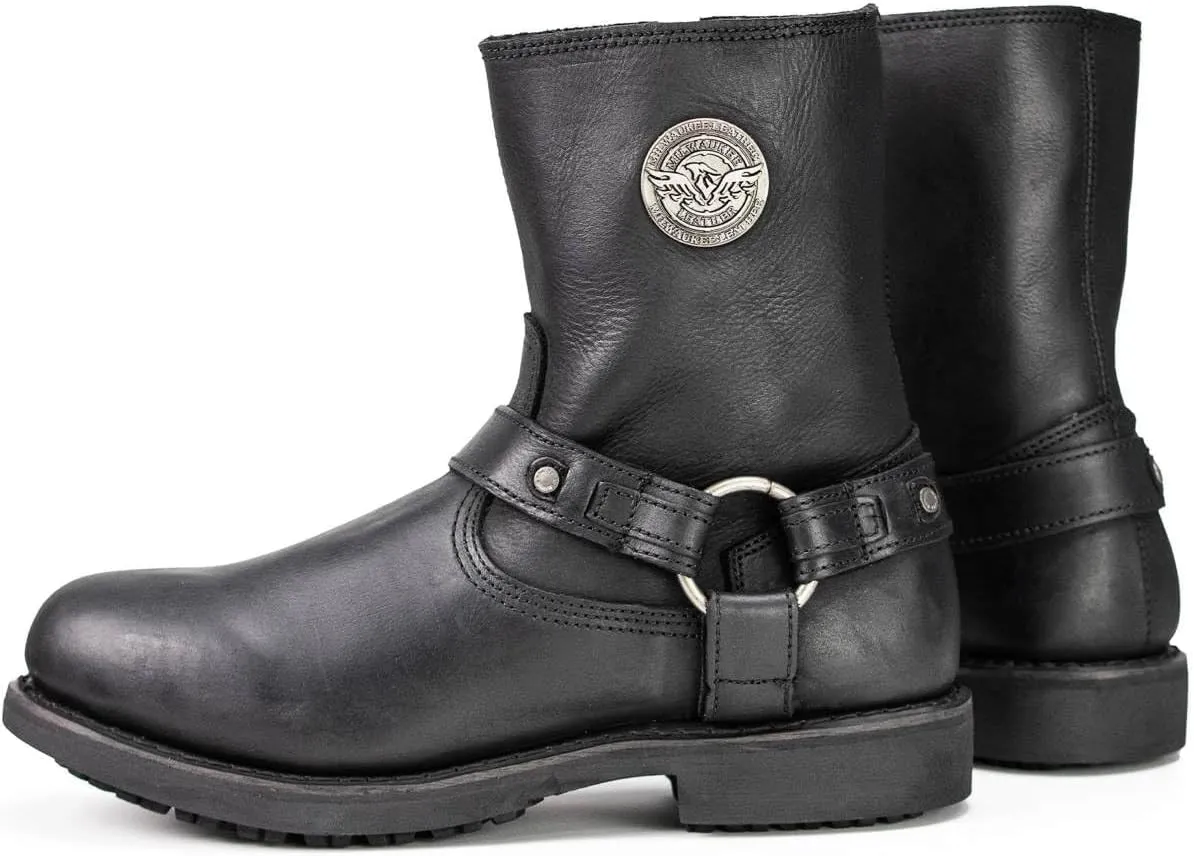 Milwaukee Leather MBM9042 Men's Black Ruf Leather Short Harness Motorcycle Boots w/Inside Zipper - 7.5