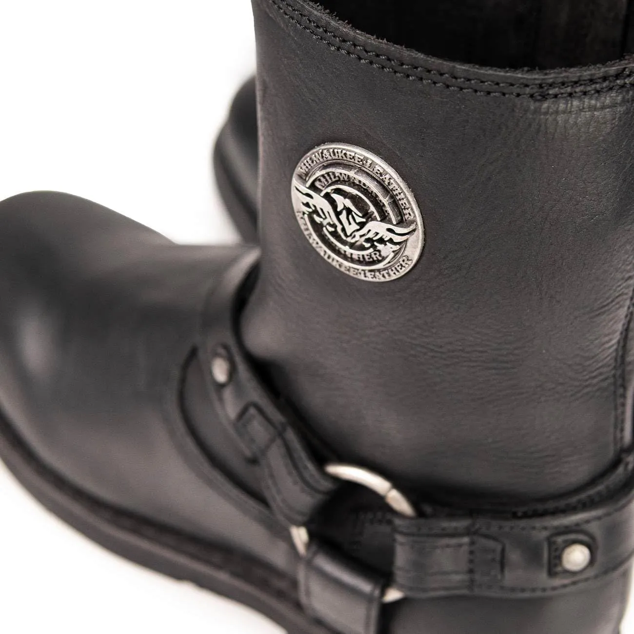Milwaukee Leather MBM9042 Men's Black Ruf Leather Short Harness Motorcycle Boots w/Inside Zipper - 7.5
