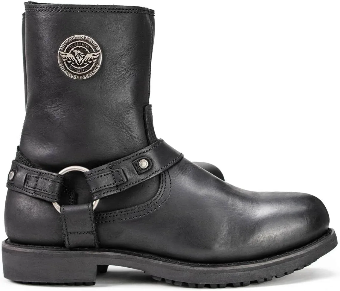 Milwaukee Leather MBM9042 Men's Black Ruf Leather Short Harness Motorcycle Boots w/Inside Zipper - 7.5