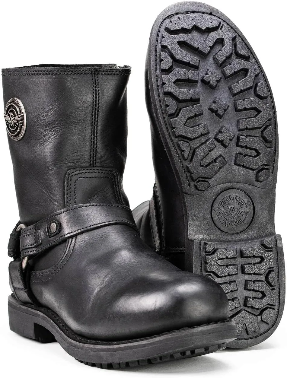 Milwaukee Leather MBM9042 Men's Black Ruf Leather Short Harness Motorcycle Boots w/Inside Zipper - 7.5