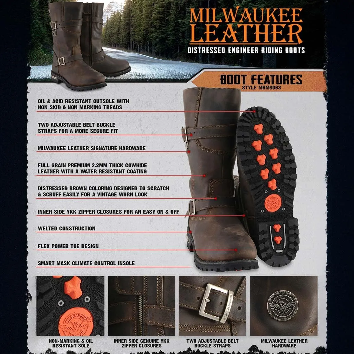 Milwaukee Leather MBM9063 Men's Classic Distressed Brown Leather Motorcycle Engineer Riding Biker Boots - 10