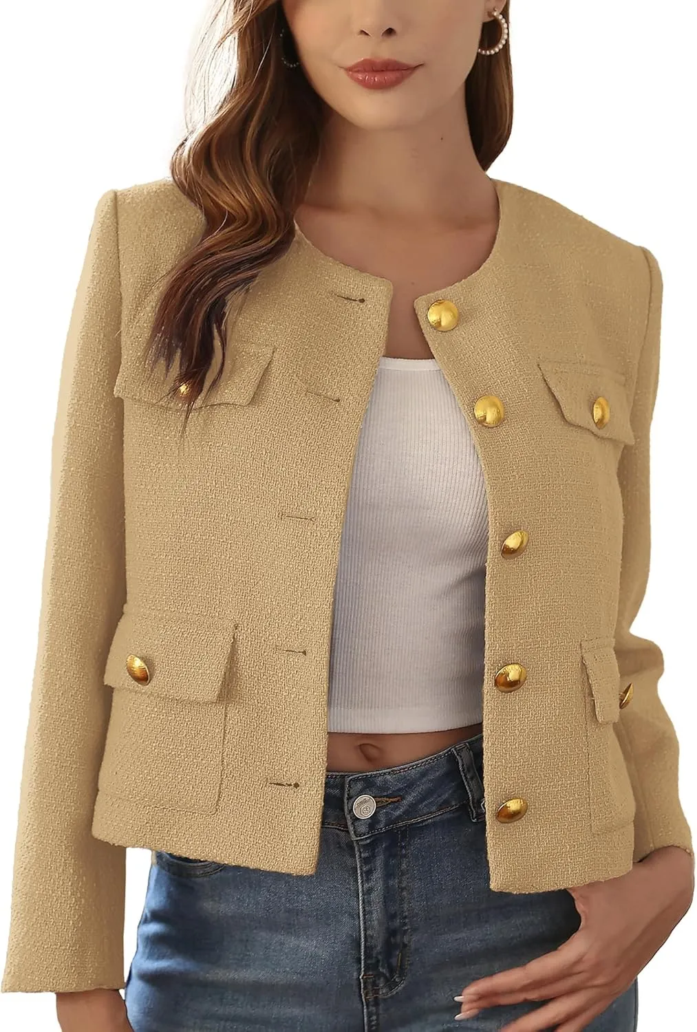 M.Infisavo 2025 Women Tweed Jacket Cropped Blazers Spring Summer Elegant Round Neck Pockets Business Casual Outfit