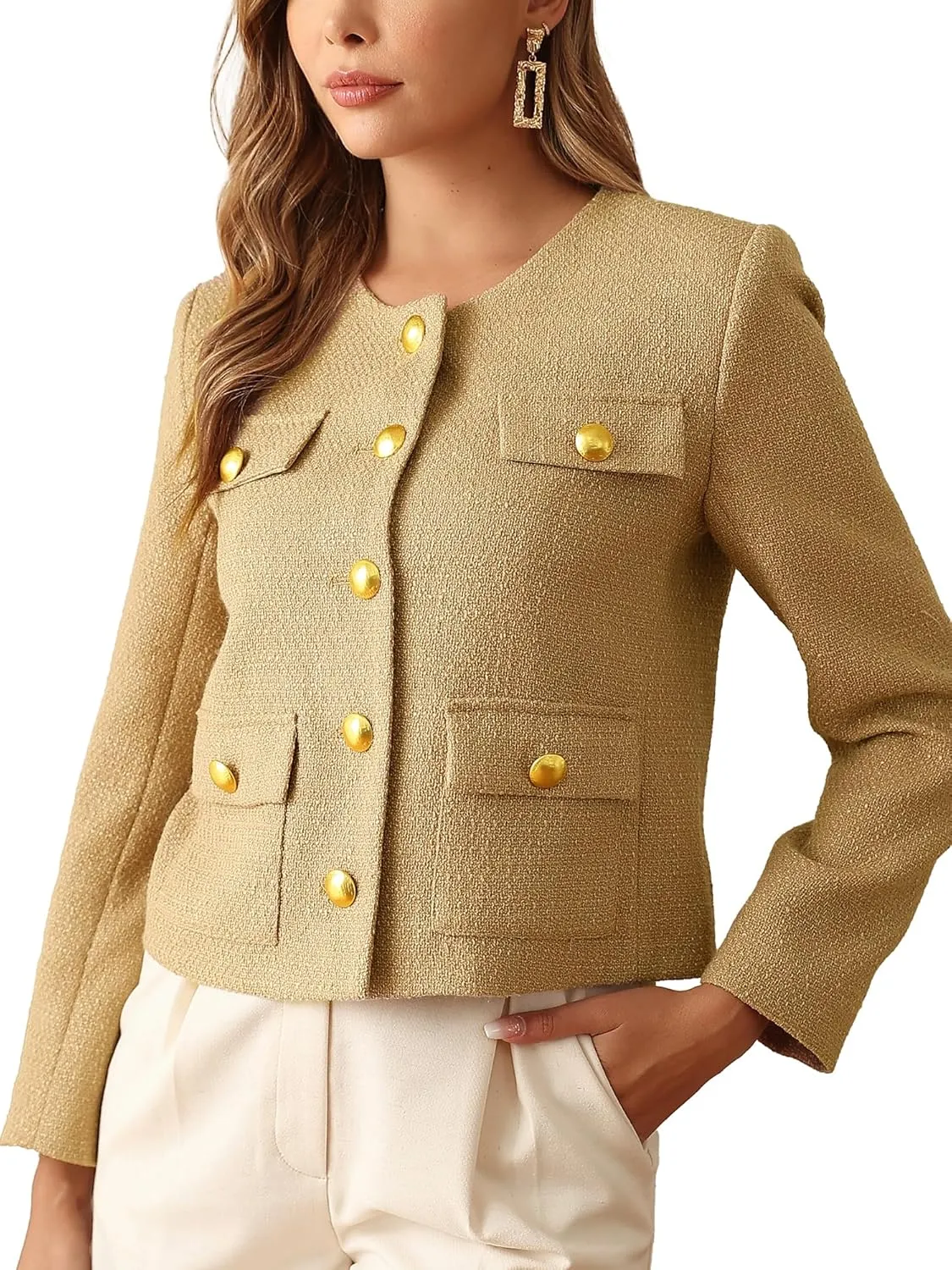M.Infisavo 2025 Women Tweed Jacket Cropped Blazers Spring Summer Elegant Round Neck Pockets Business Casual Outfit