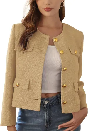 M.Infisavo 2025 Women Tweed Jacket Cropped Blazers Spring Summer Elegant Round Neck Pockets Business Casual Outfit