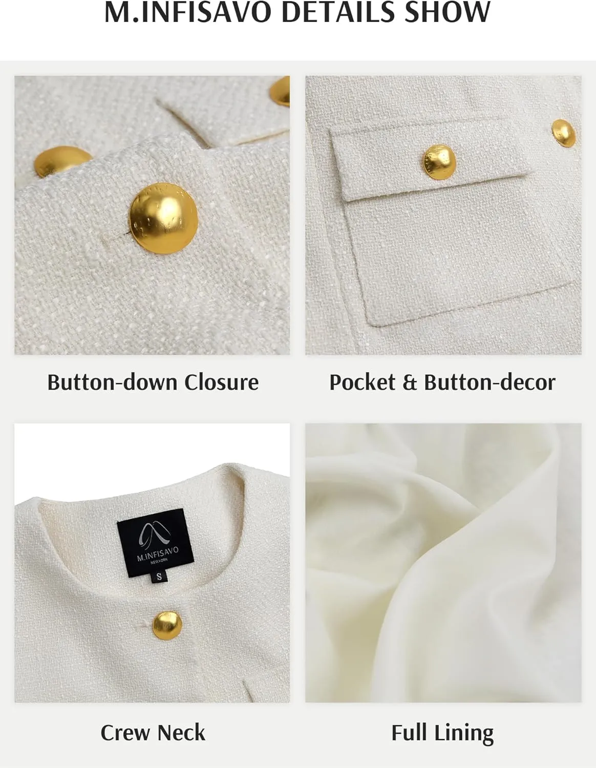 M.Infisavo 2025 Women Tweed Jacket Cropped Blazers Spring Summer Elegant Round Neck Pockets Business Casual Outfit
