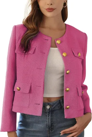 M.Infisavo 2025 Women Tweed Jacket Cropped Blazers Spring Summer Elegant Round Neck Pockets Business Casual Outfit