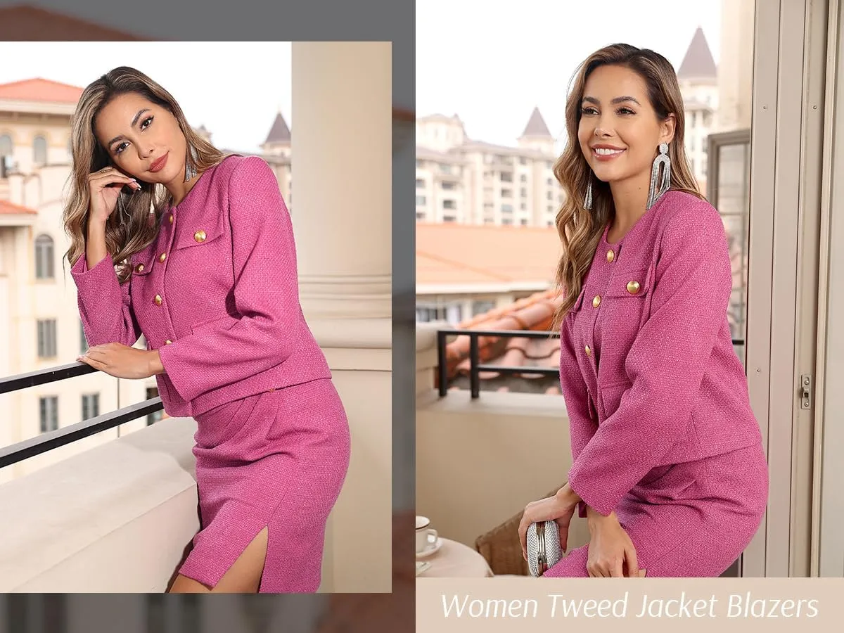 M.Infisavo 2025 Women Tweed Jacket Cropped Blazers Spring Summer Elegant Round Neck Pockets Business Casual Outfit
