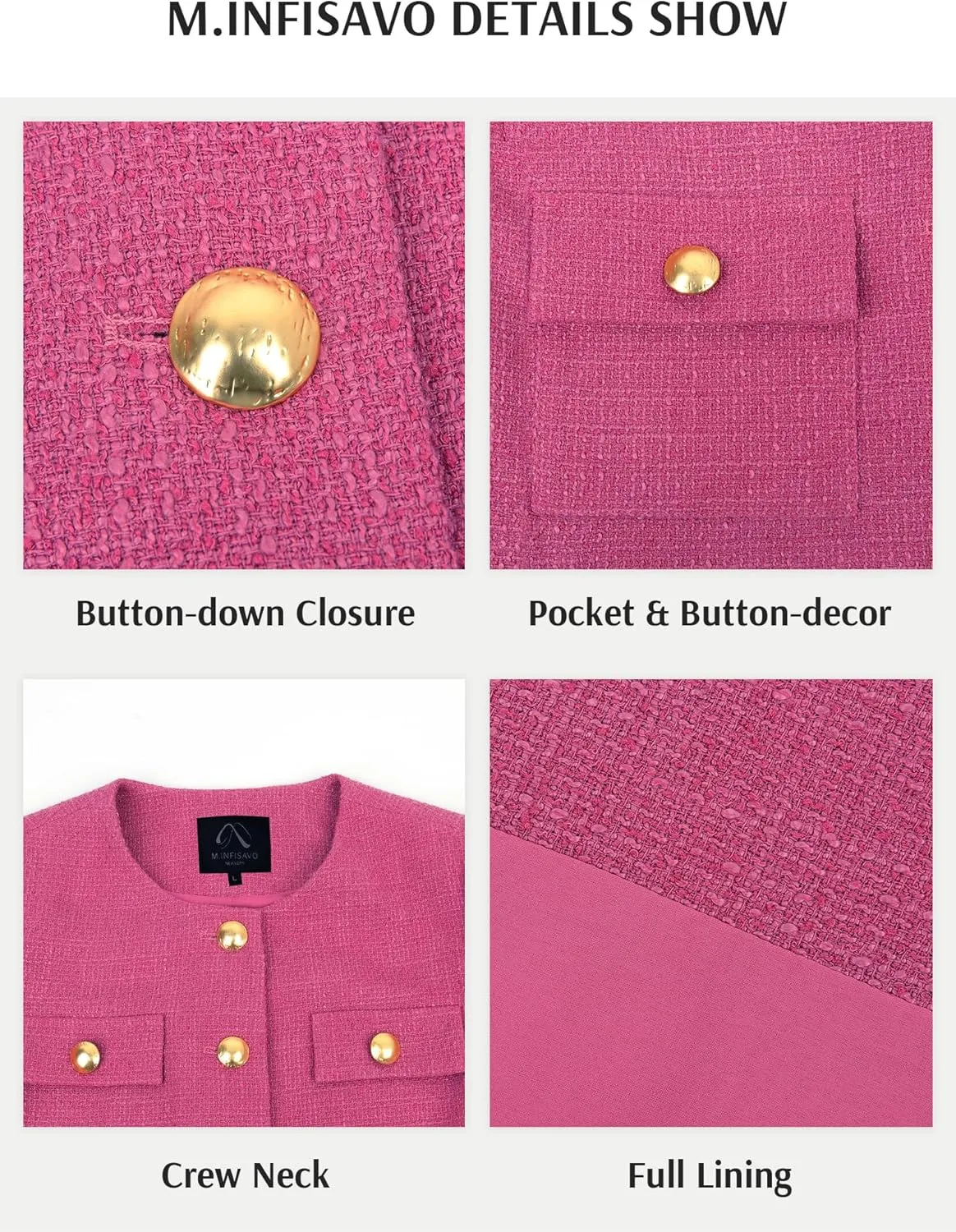 M.Infisavo 2025 Women Tweed Jacket Cropped Blazers Spring Summer Elegant Round Neck Pockets Business Casual Outfit
