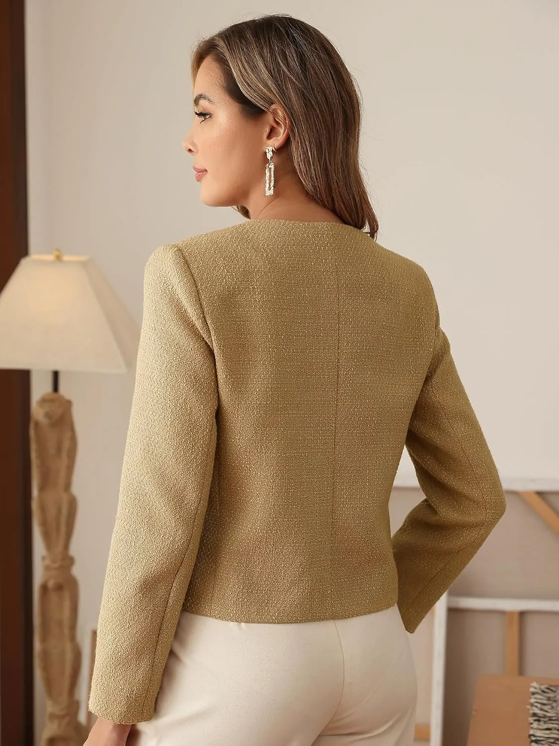 M.Infisavo 2025 Women Tweed Jacket Cropped Blazers Spring Summer Elegant Round Neck Pockets Business Casual Outfit