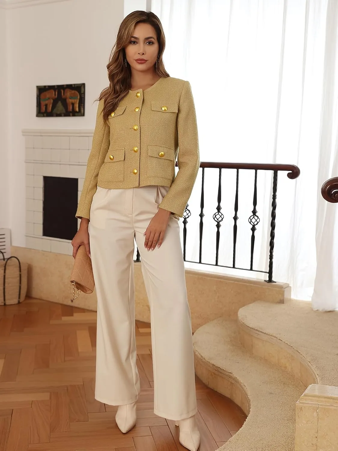 M.Infisavo 2025 Women Tweed Jacket Cropped Blazers Spring Summer Elegant Round Neck Pockets Business Casual Outfit