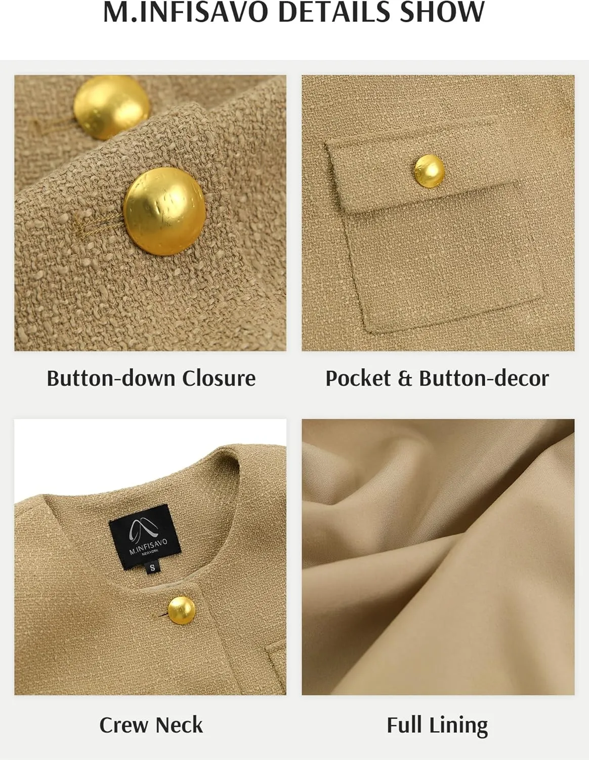 M.Infisavo 2025 Women Tweed Jacket Cropped Blazers Spring Summer Elegant Round Neck Pockets Business Casual Outfit