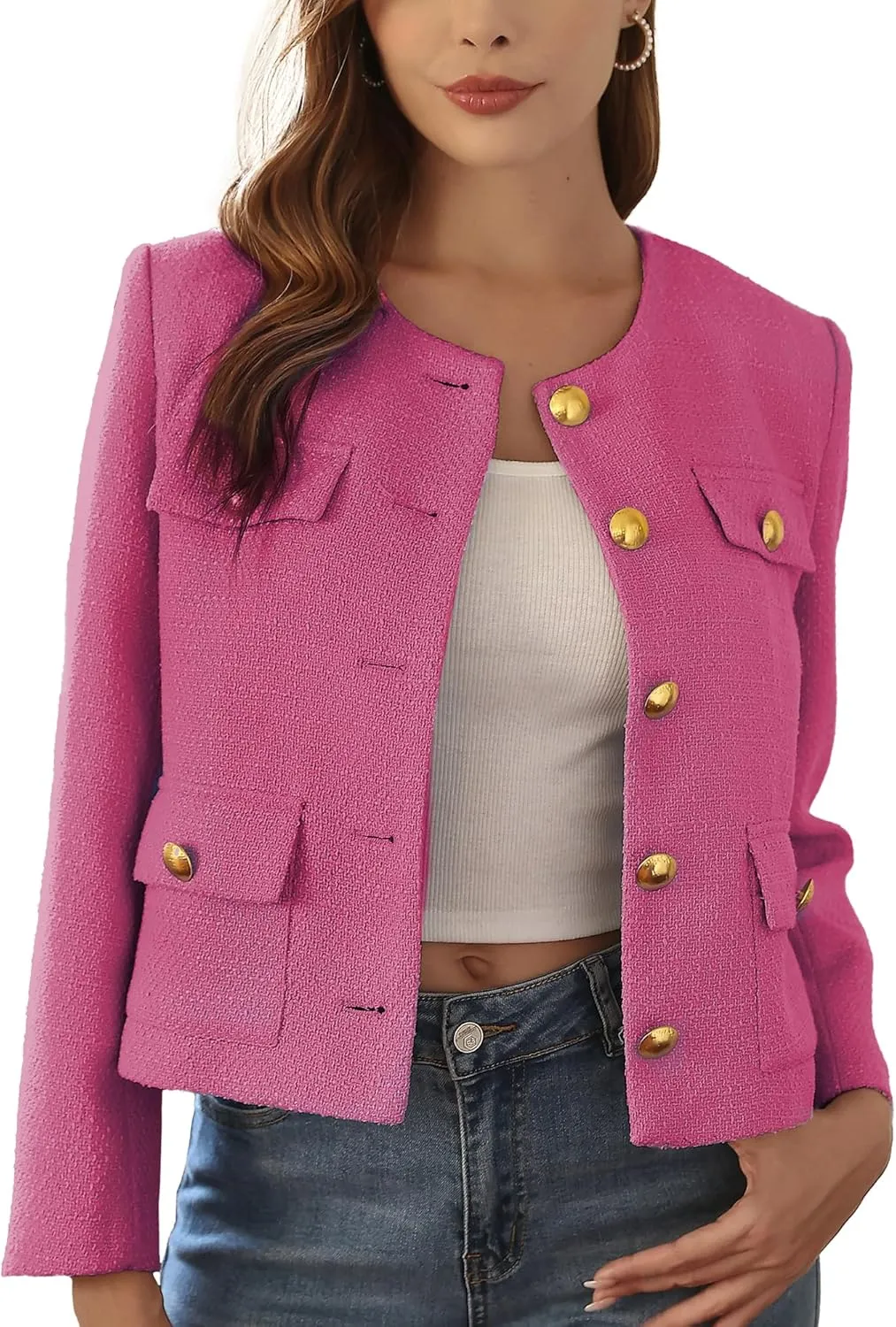 M.Infisavo 2025 Women Tweed Jacket Cropped Blazers Spring Summer Elegant Round Neck Pockets Business Casual Outfit