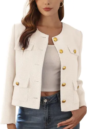 M.Infisavo 2025 Women Tweed Jacket Cropped Blazers Spring Summer Elegant Round Neck Pockets Business Casual Outfit
