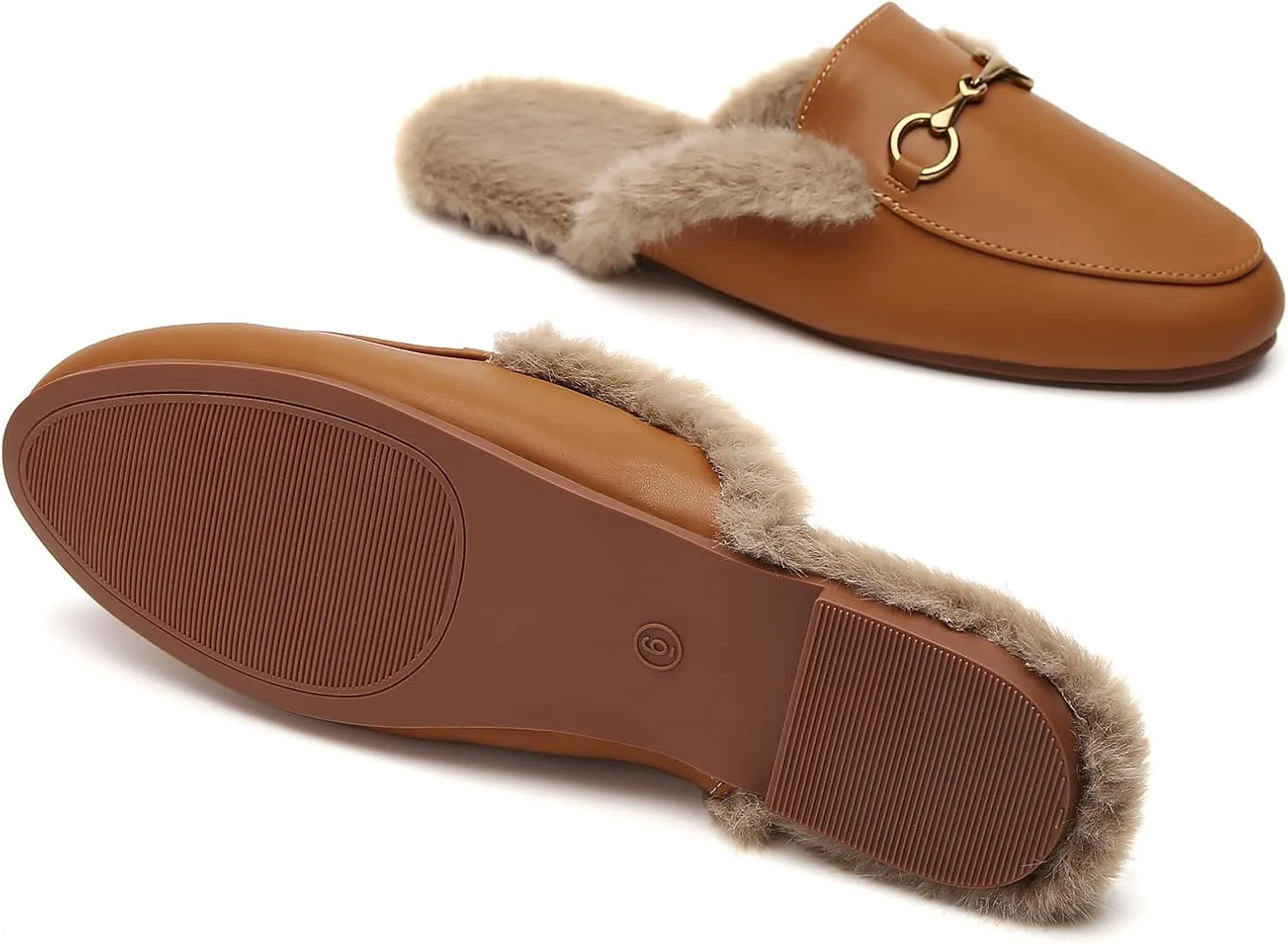 Minorsu Buckle Fur Mules for Women Slip on Loafers Closed Round Toe Backless Flat Mules Comfortable Slides Shoes