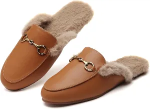 Minorsu Buckle Fur Mules for Women Slip on Loafers Closed Round Toe Backless Flat Mules Comfortable Slides Shoes