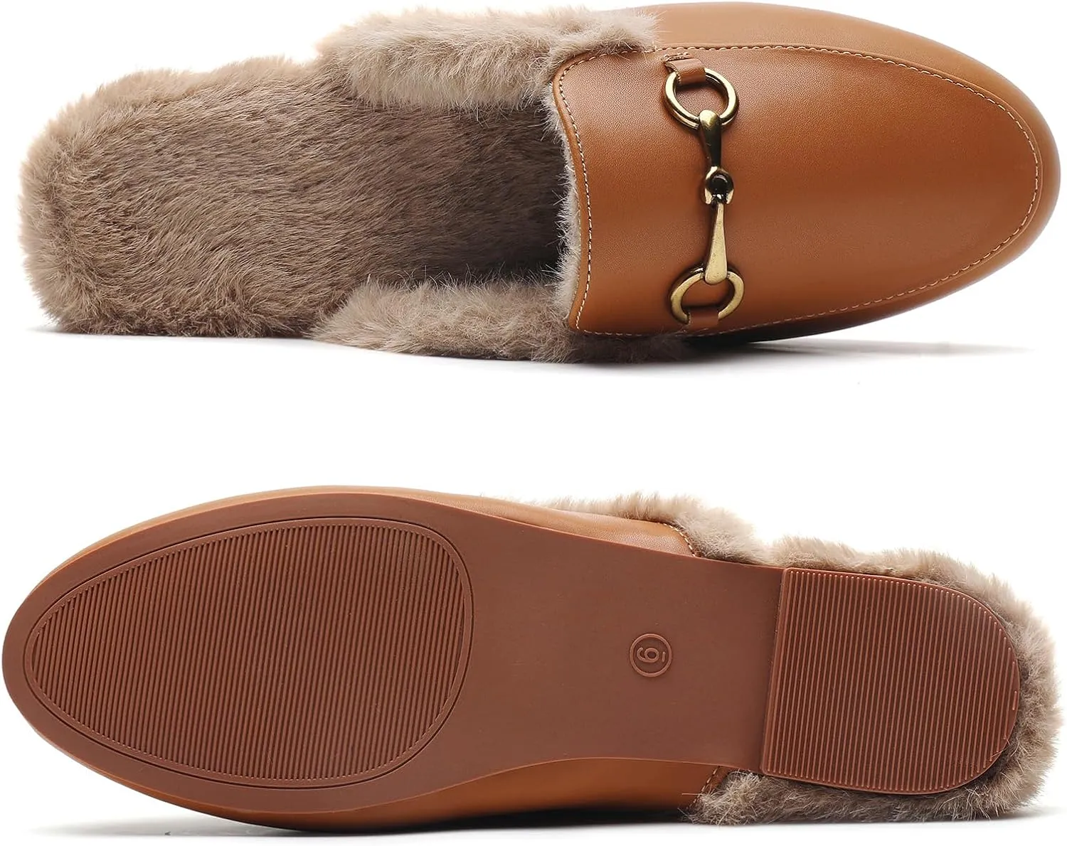 Minorsu Buckle Fur Mules for Women Slip on Loafers Closed Round Toe Backless Flat Mules Comfortable Slides Shoes