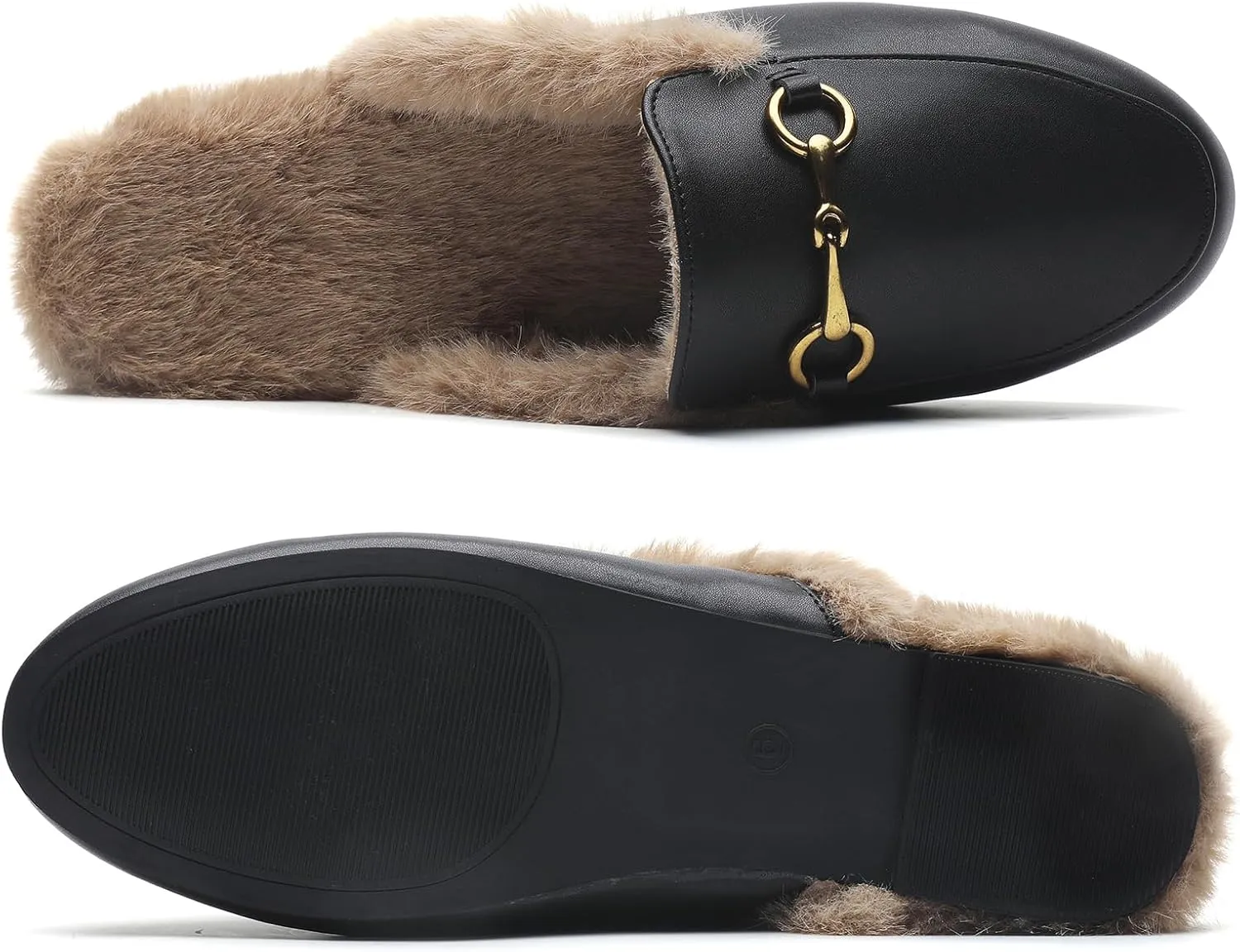 Minorsu Buckle Fur Mules for Women Slip on Loafers Closed Round Toe Backless Flat Mules Comfortable Slides Shoes