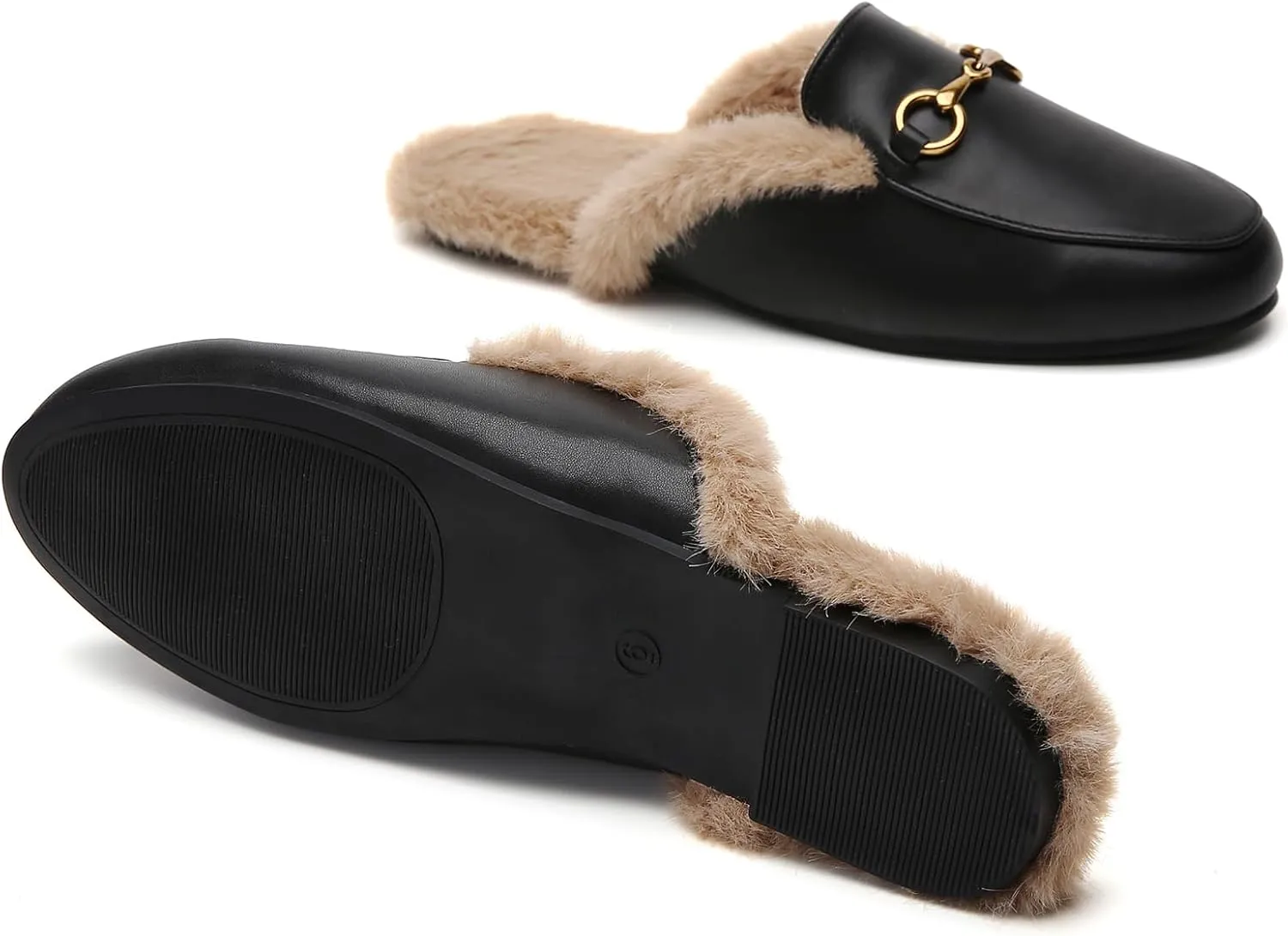 Minorsu Buckle Fur Mules for Women Slip on Loafers Closed Round Toe Backless Flat Mules Comfortable Slides Shoes