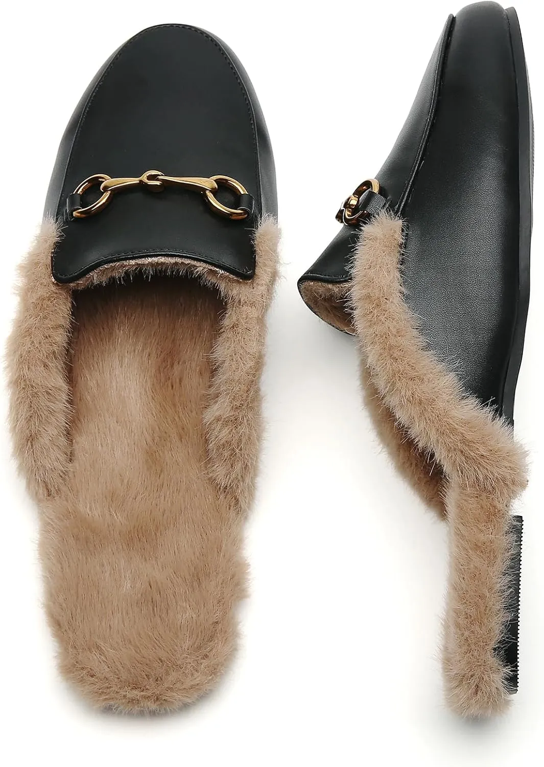 Minorsu Buckle Fur Mules for Women Slip on Loafers Closed Round Toe Backless Flat Mules Comfortable Slides Shoes