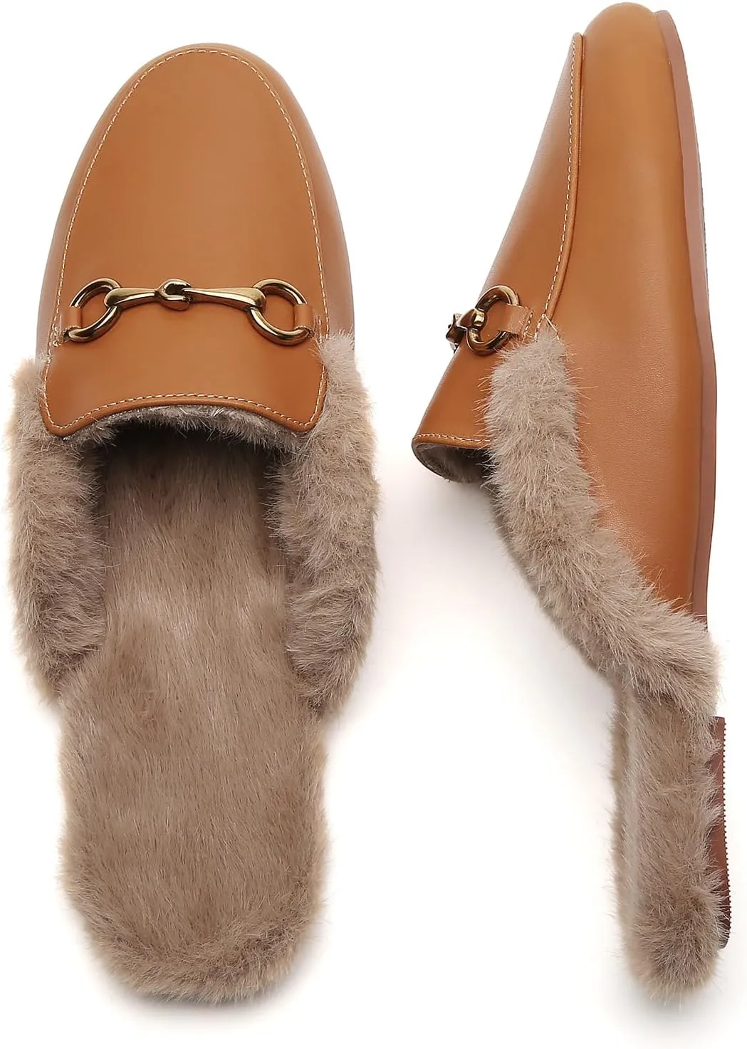 Minorsu Buckle Fur Mules for Women Slip on Loafers Closed Round Toe Backless Flat Mules Comfortable Slides Shoes