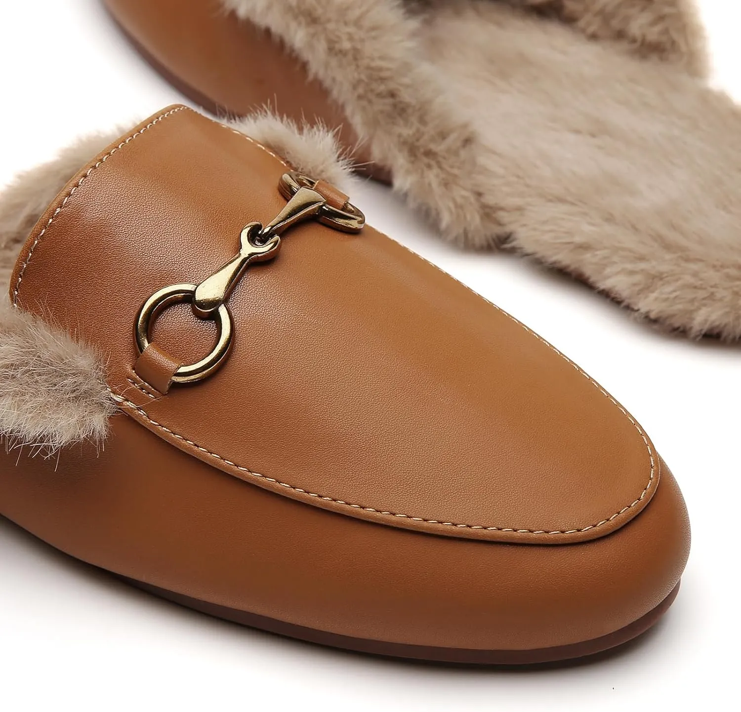Minorsu Buckle Fur Mules for Women Slip on Loafers Closed Round Toe Backless Flat Mules Comfortable Slides Shoes