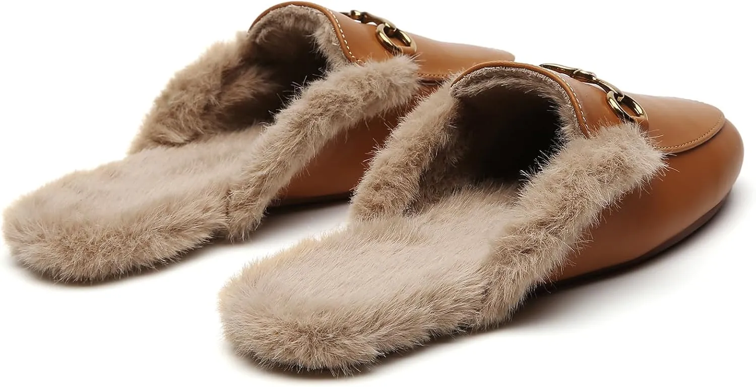 Minorsu Buckle Fur Mules for Women Slip on Loafers Closed Round Toe Backless Flat Mules Comfortable Slides Shoes