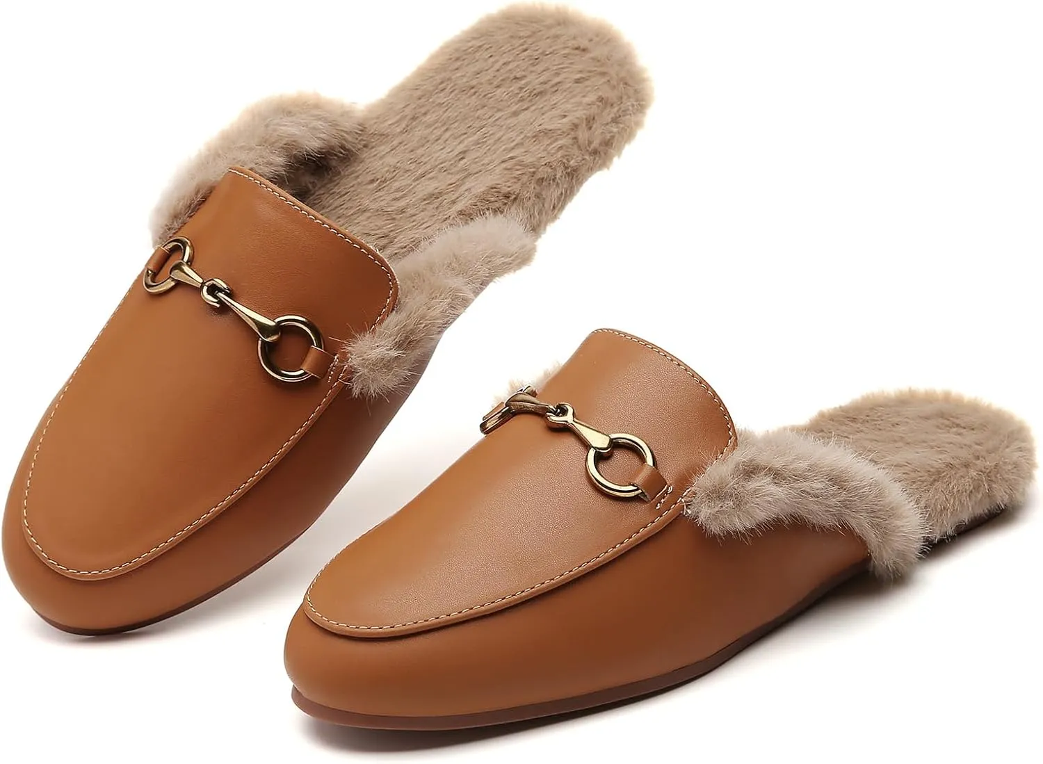 Minorsu Buckle Fur Mules for Women Slip on Loafers Closed Round Toe Backless Flat Mules Comfortable Slides Shoes