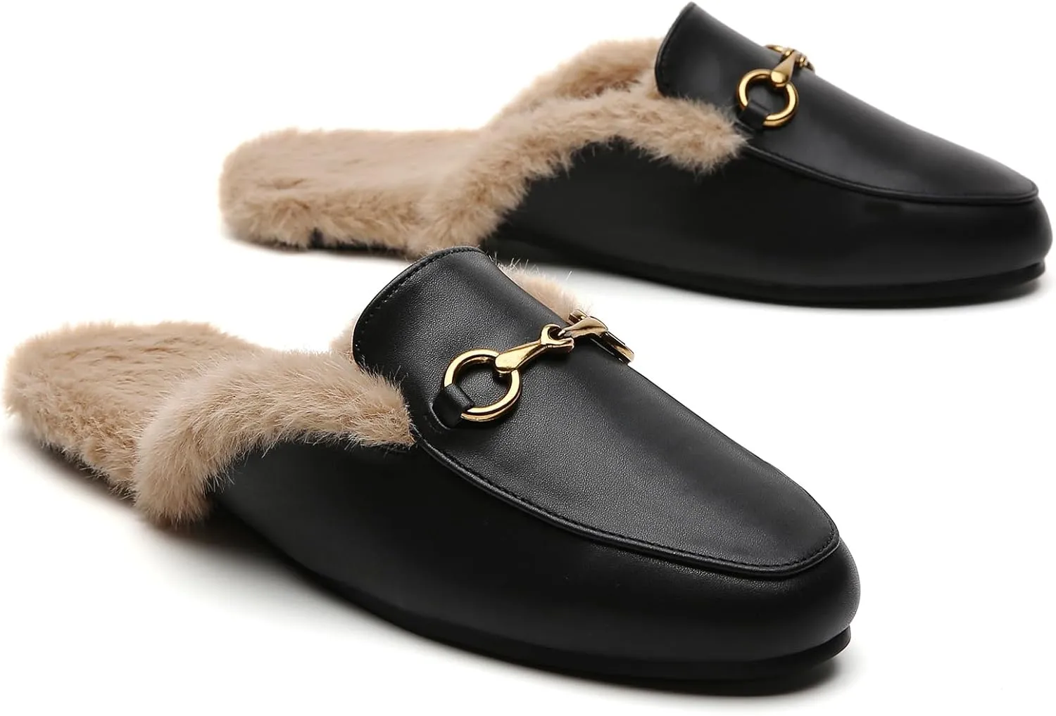 Minorsu Buckle Fur Mules for Women Slip on Loafers Closed Round Toe Backless Flat Mules Comfortable Slides Shoes