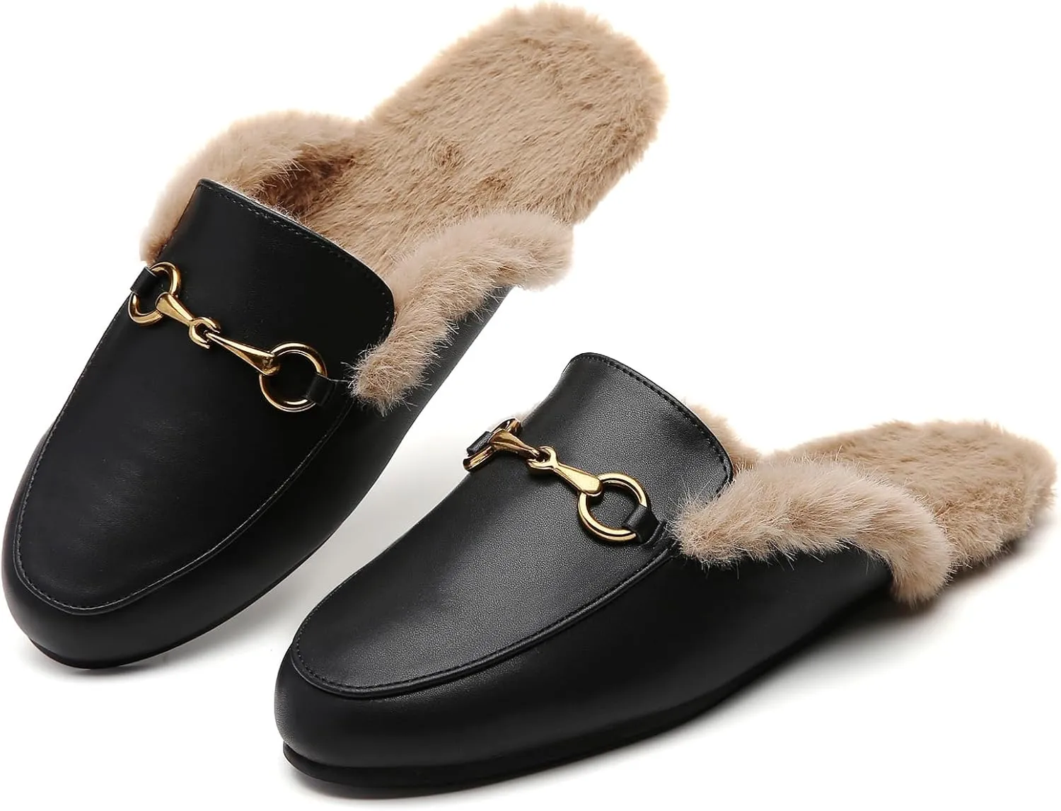 Minorsu Buckle Fur Mules for Women Slip on Loafers Closed Round Toe Backless Flat Mules Comfortable Slides Shoes