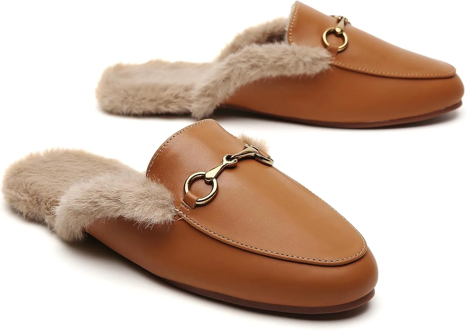 Minorsu Buckle Fur Mules for Women Slip on Loafers Closed Round Toe Backless Flat Mules Comfortable Slides Shoes